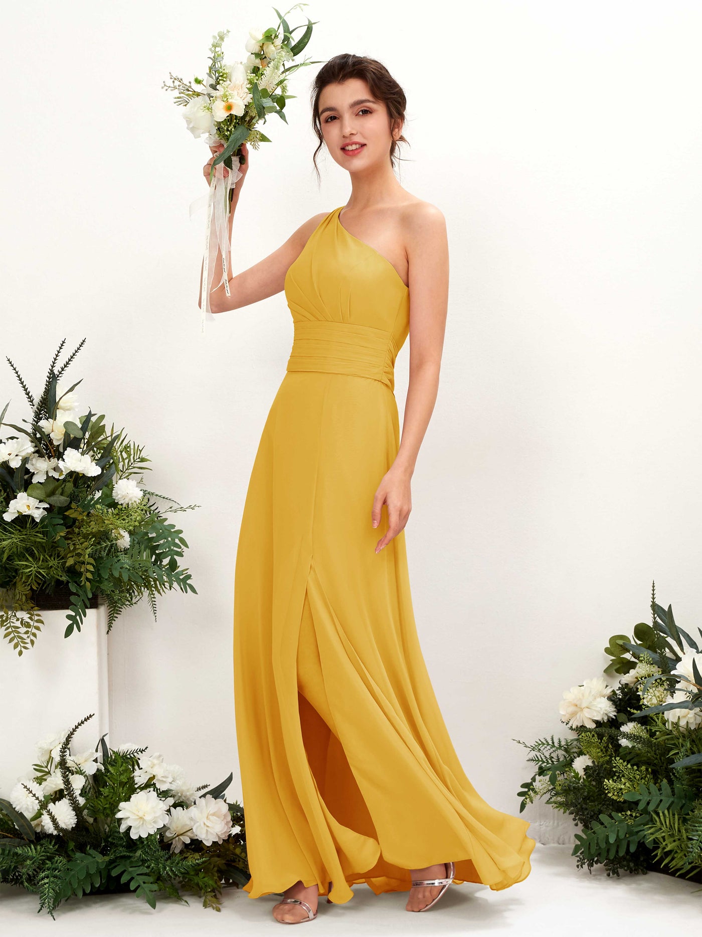 Carlyna Tubo Hasta el suelo Un Hombre con Hendidura de pierna Gasa Vestidos de dama de honor Amarillo Mostaza #color_amarillo-mostaza