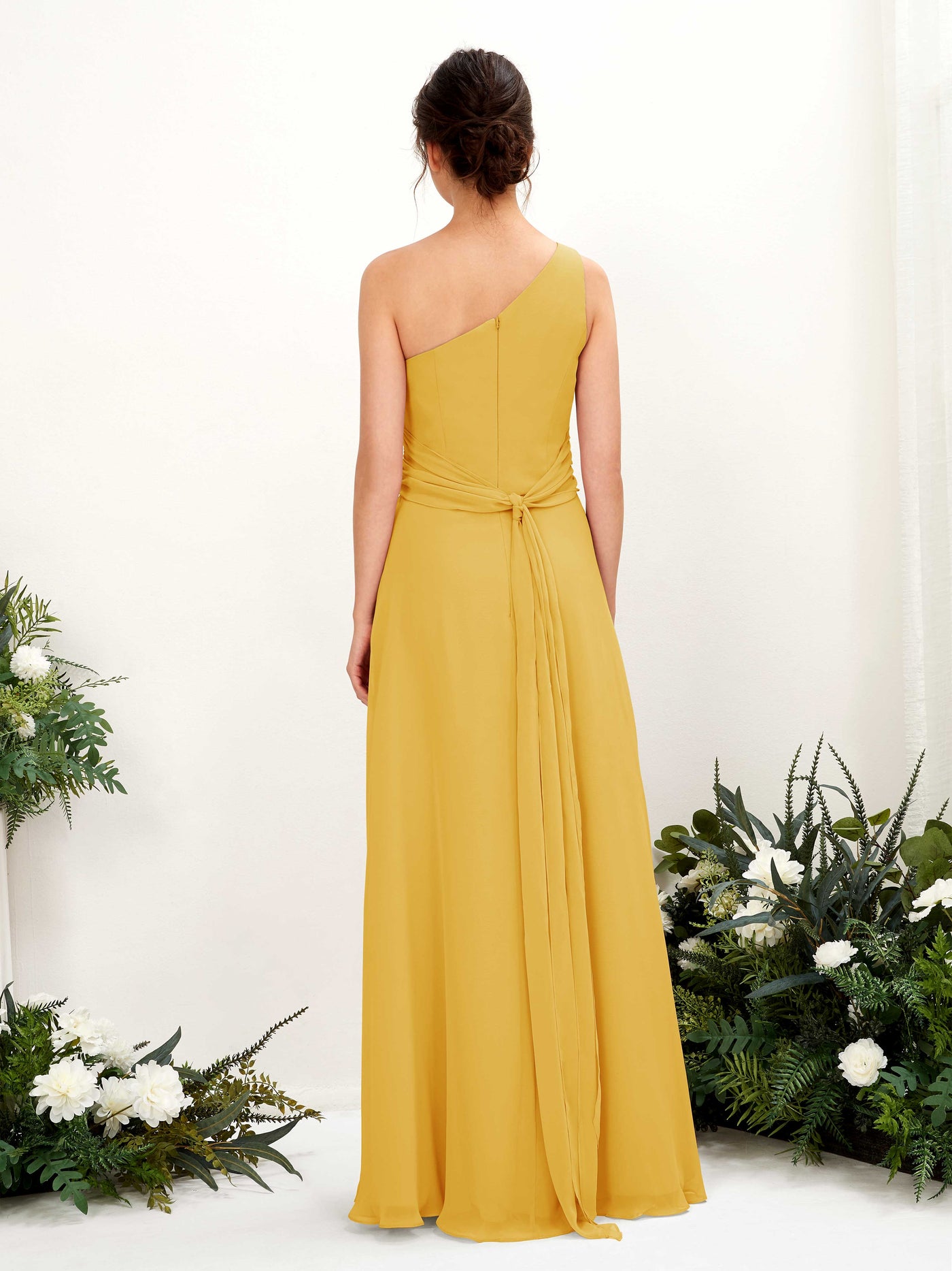 Carlyna Tubo Hasta el suelo Un Hombre con Hendidura de pierna Gasa Vestidos de dama de honor Amarillo Mostaza #color_amarillo-mostaza