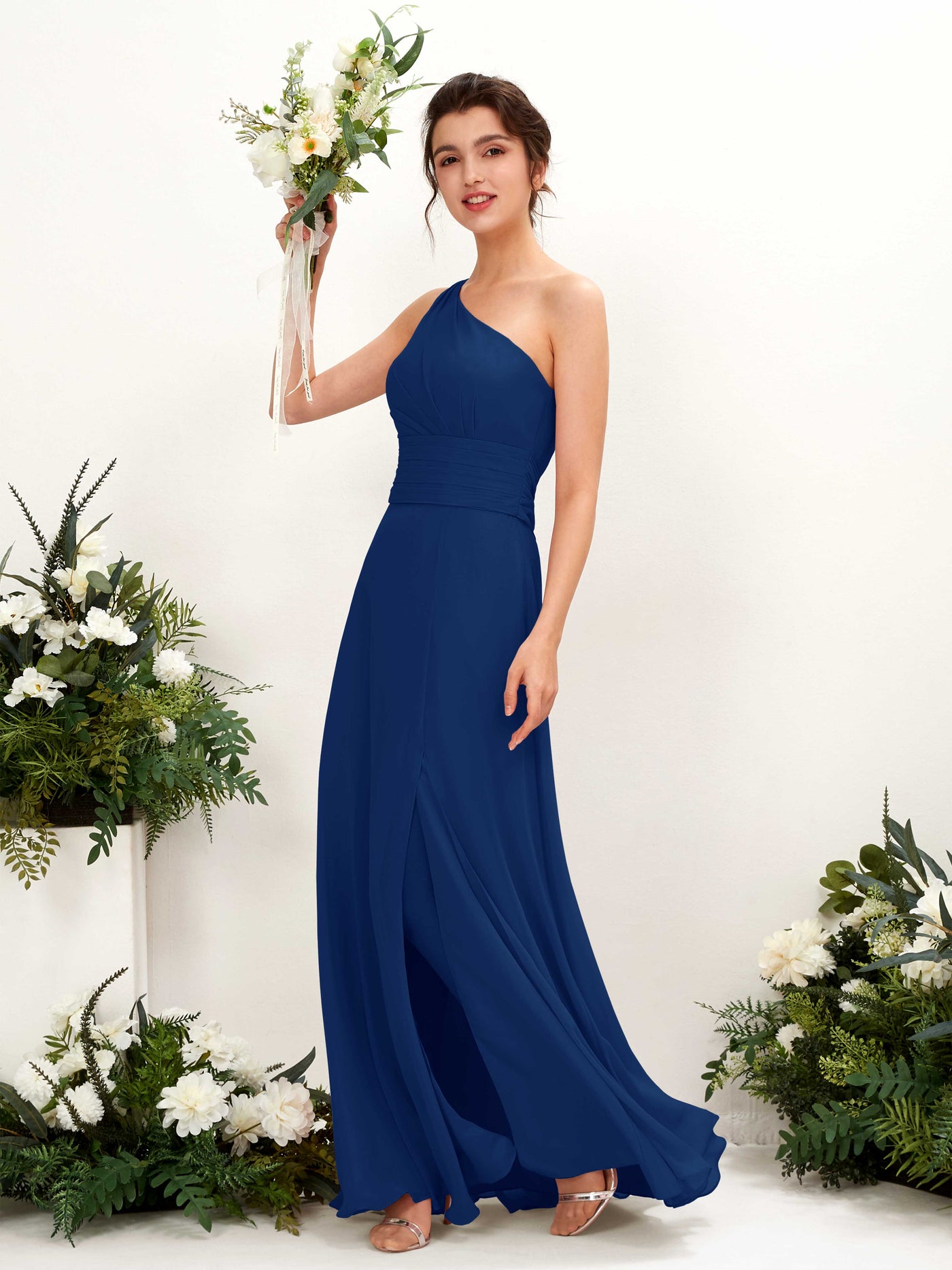 Carlyna Tubo Hasta el suelo Un Hombre con Hendidura de pierna Gasa Vestidos de dama de honor Azul Real #color_azul-real