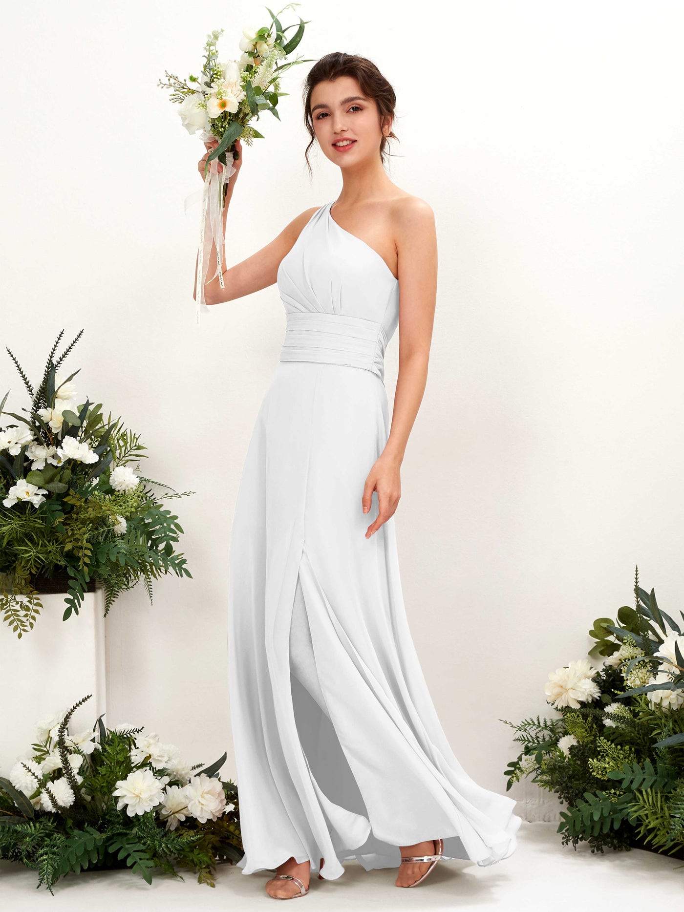 Carlyna Tubo Hasta el suelo Un Hombre con Hendidura de pierna Gasa Vestidos de dama de honor Blanco #color_blanco