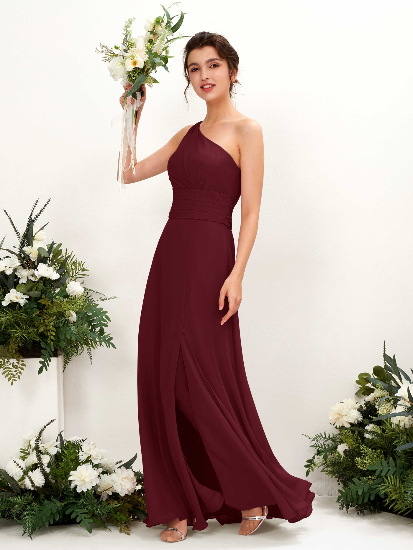 Carlyna Tubo Hasta el suelo Un Hombre con Hendidura de pierna Gasa Vestidos de dama de honor Borgoña #color_borgo-a