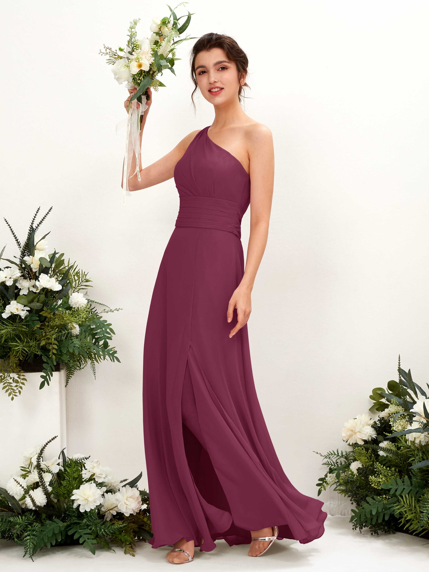 Carlyna Tubo Hasta el suelo Un Hombre con Hendidura de pierna Gasa Vestidos de dama de honor Chianti #color_chianti