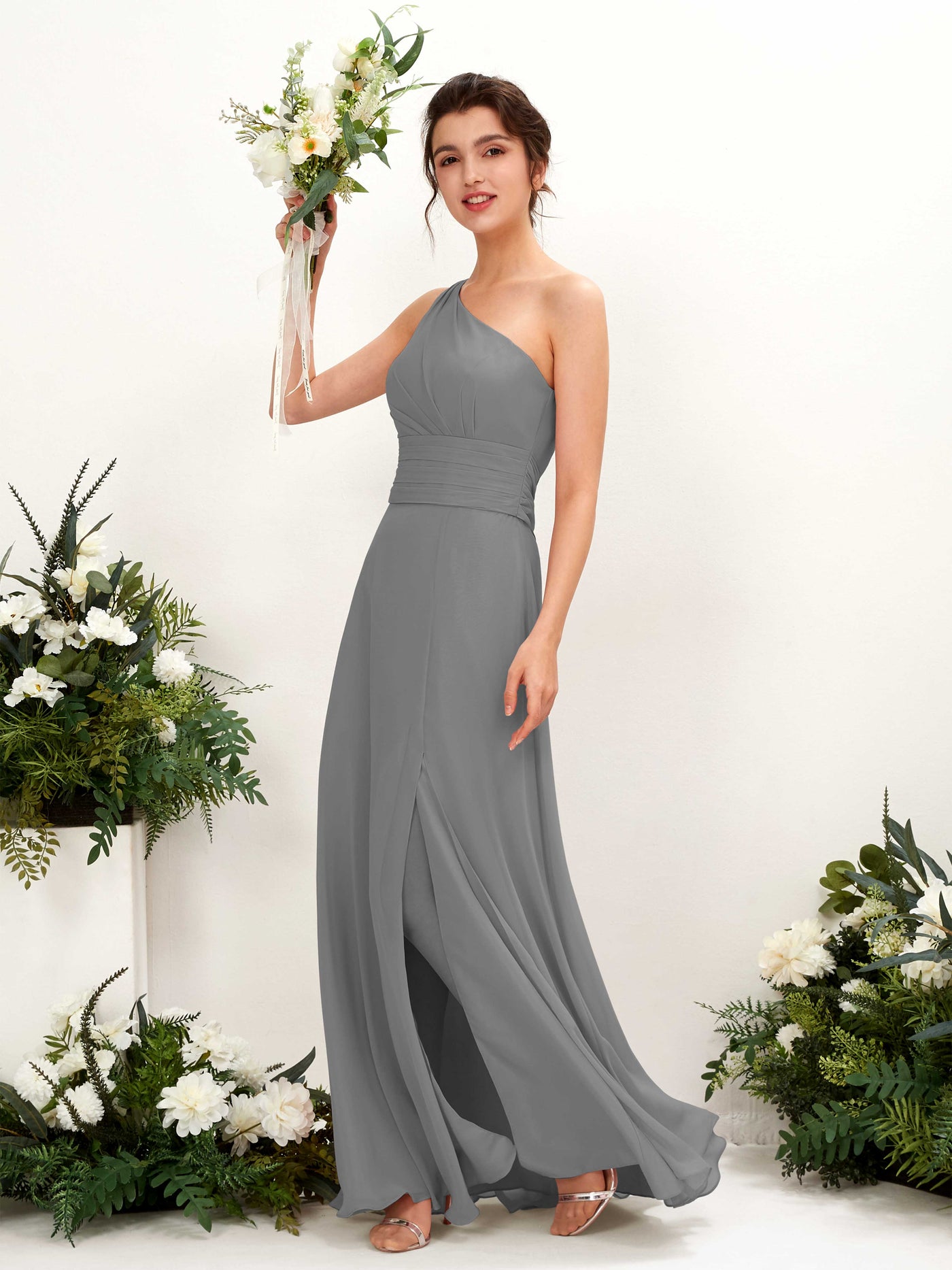 Carlyna Tubo Hasta el suelo Un Hombre con Hendidura de pierna Gasa Vestidos de dama de honor Gris Acero #color_gris-acero