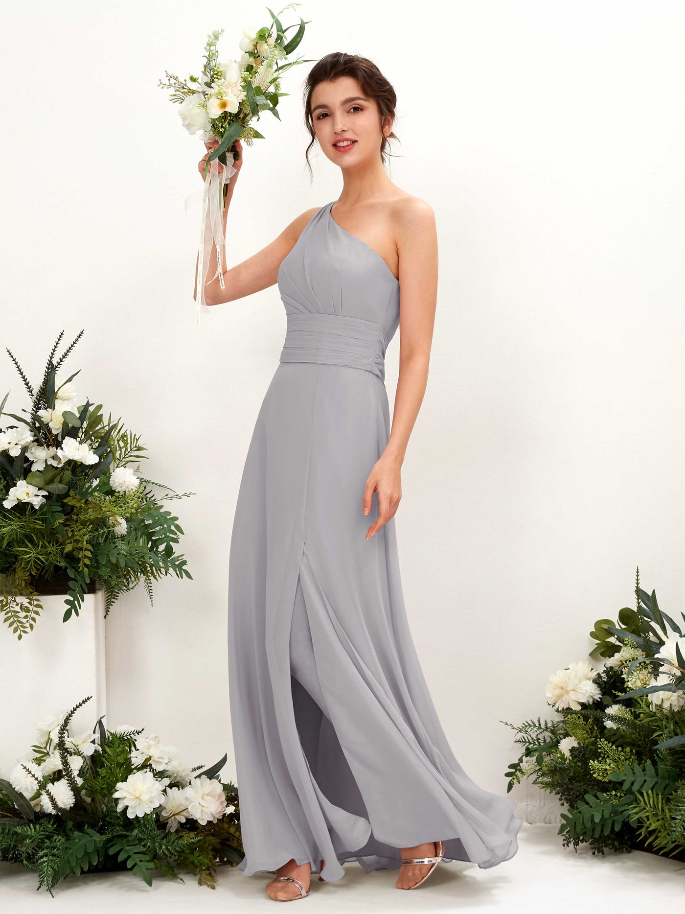 Carlyna Tubo Hasta el suelo Un Hombre con Hendidura de pierna Gasa Vestidos de dama de honor Gris Paloma #color_gris-paloma