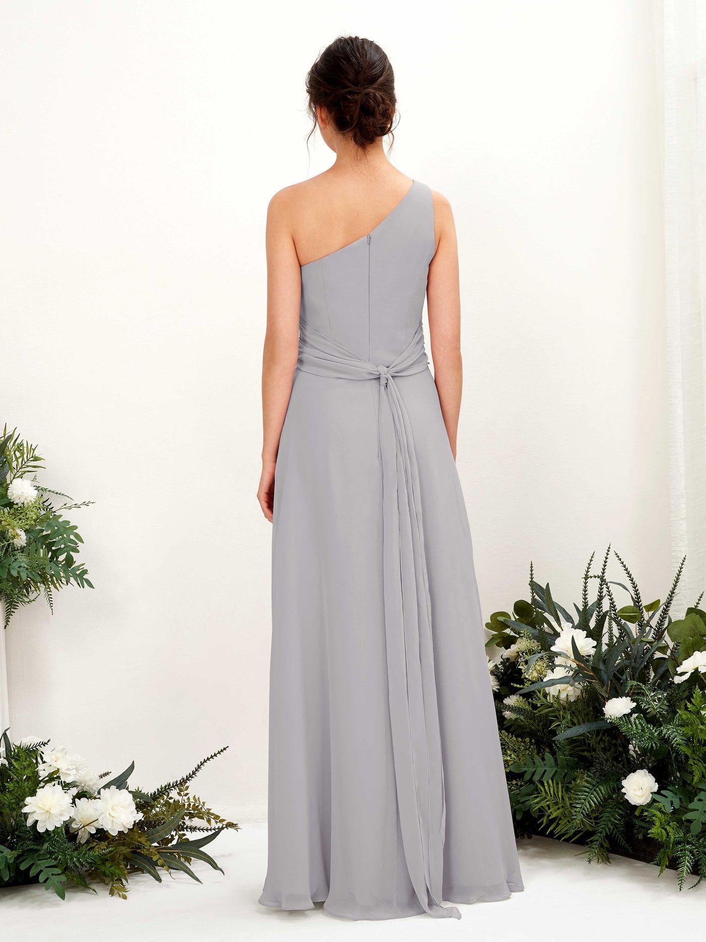 Carlyna Tubo Hasta el suelo Un Hombre con Hendidura de pierna Gasa Vestidos de dama de honor Gris Paloma #color_gris-paloma