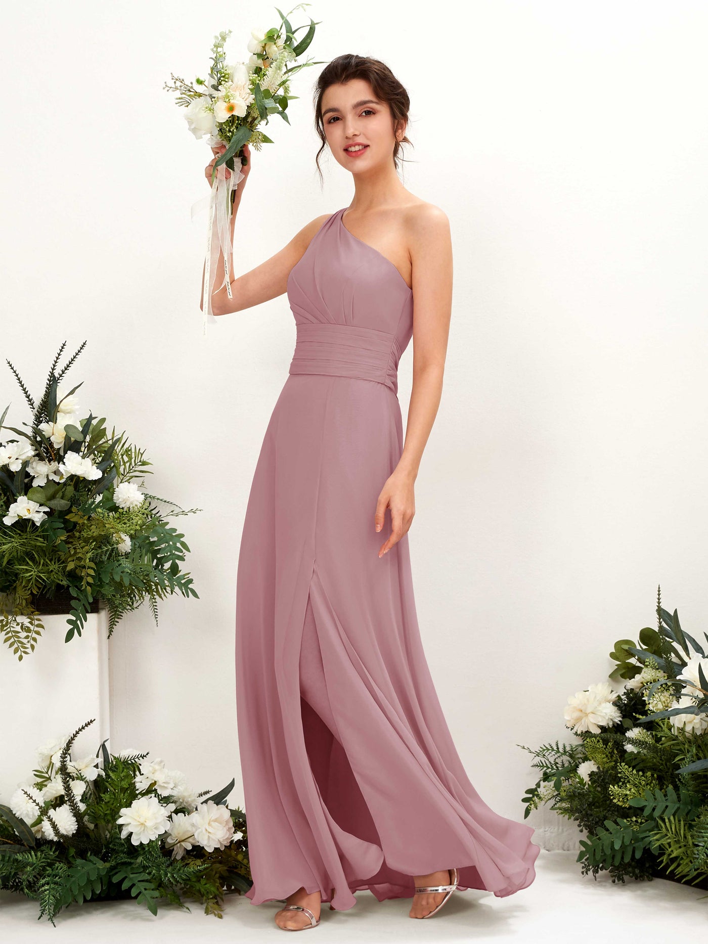 Carlyna Tubo Hasta el suelo Un Hombre con Hendidura de pierna Gasa Vestidos de dama de honor Malva Clásico #color_malva-cl-sico