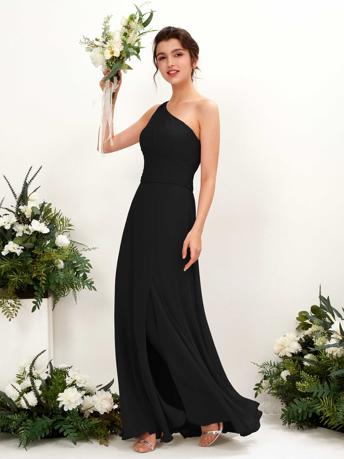 Carlyna Tubo Hasta el suelo Un Hombre con Hendidura de pierna Gasa Vestidos de dama de honor Negro #color_negro