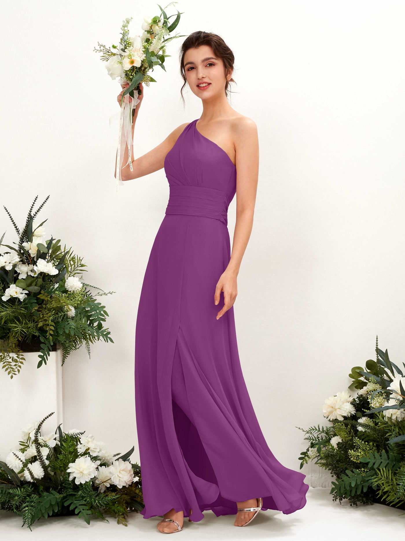Carlyna Tubo Hasta el suelo Un Hombre con Hendidura de pierna Gasa Vestidos de dama de honor Púrpura #color_p-rpura
