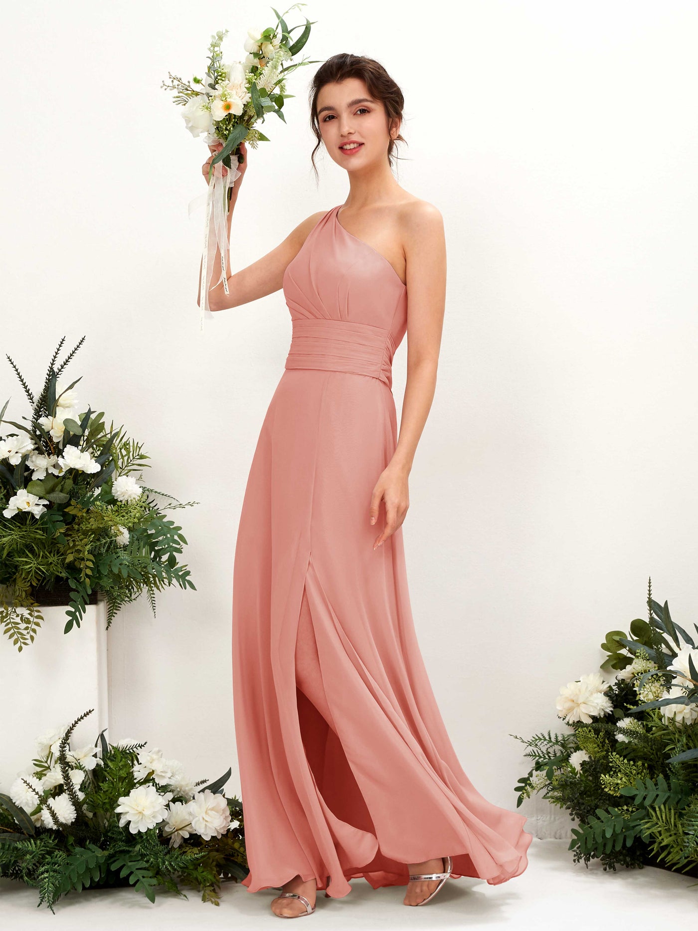 Carlyna Tubo Hasta el suelo Un Hombre con Hendidura de pierna Gasa Vestidos de dama de honor Rosa Champán #color_rosa-champ-n