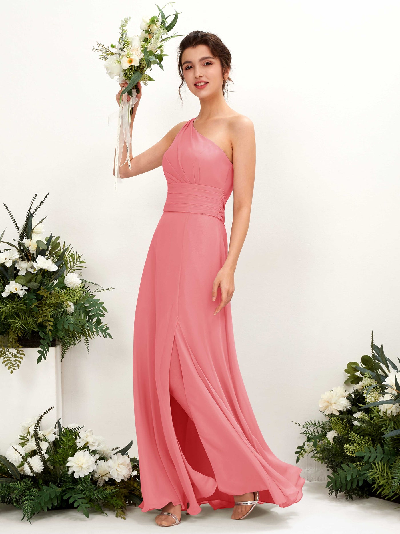 Carlyna Tubo Hasta el suelo Un Hombre con Hendidura de pierna Gasa Vestidos de dama de honor Rosa Coral #color_rosa-coral