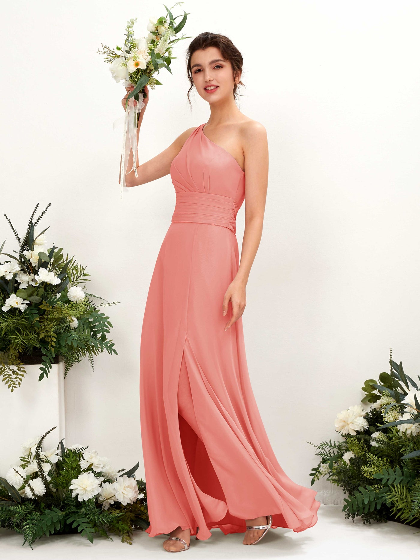 Carlyna Tubo Hasta el suelo Un Hombre con Hendidura de pierna Gasa Vestidos de dama de honor Rosa Melocotón #color_rosa-melocot-n