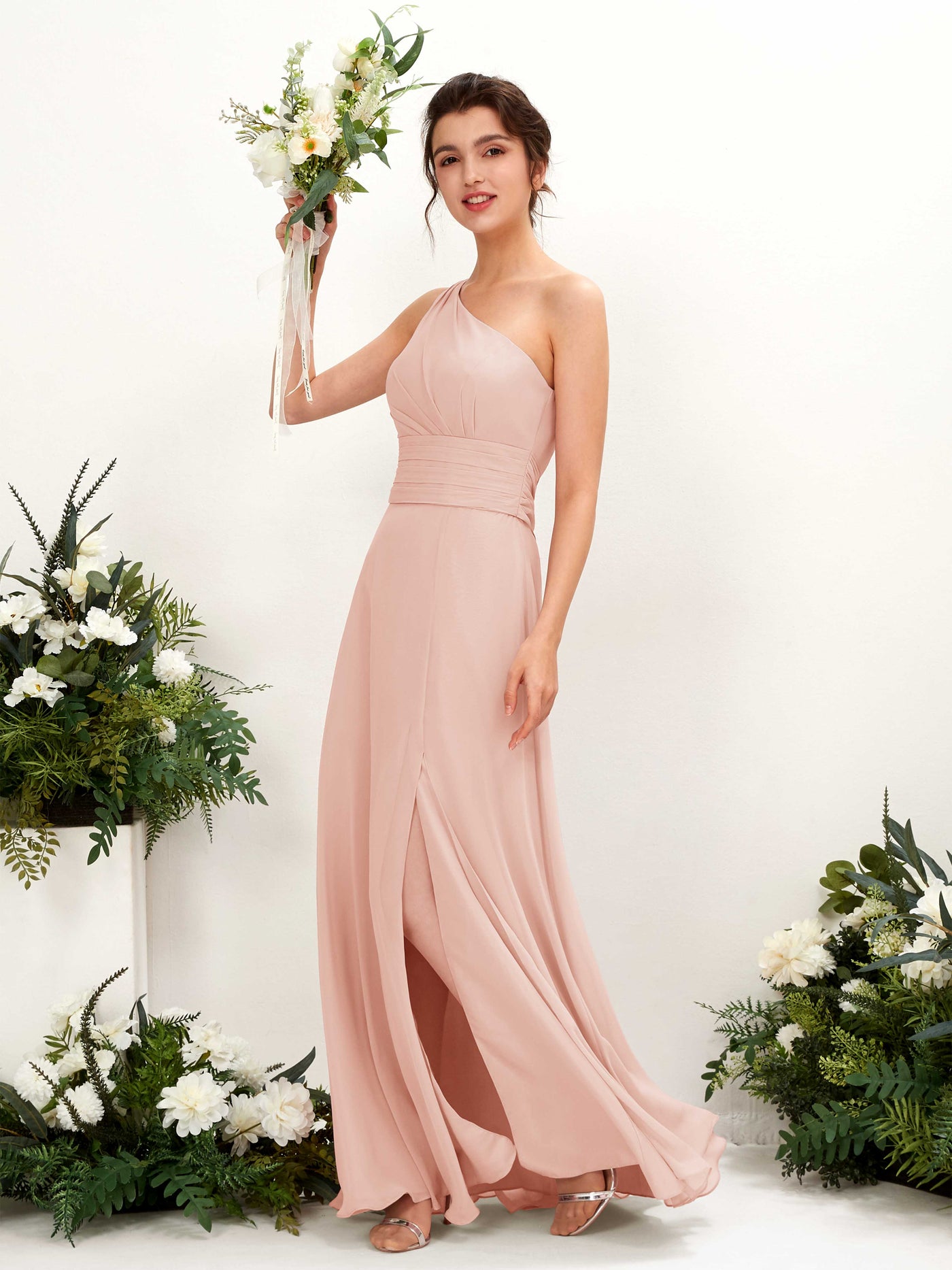 Carlyna Tubo Hasta el suelo Un Hombre con Hendidura de pierna Gasa Vestidos de dama de honor Rosa Perla #color_rosa-perla