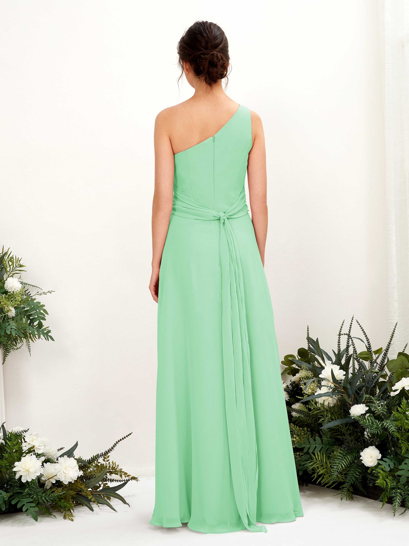 Carlyna Tubo Hasta el suelo Un Hombre con Hendidura de pierna Gasa Vestidos de dama de honor Verde Menta #color_verde-menta