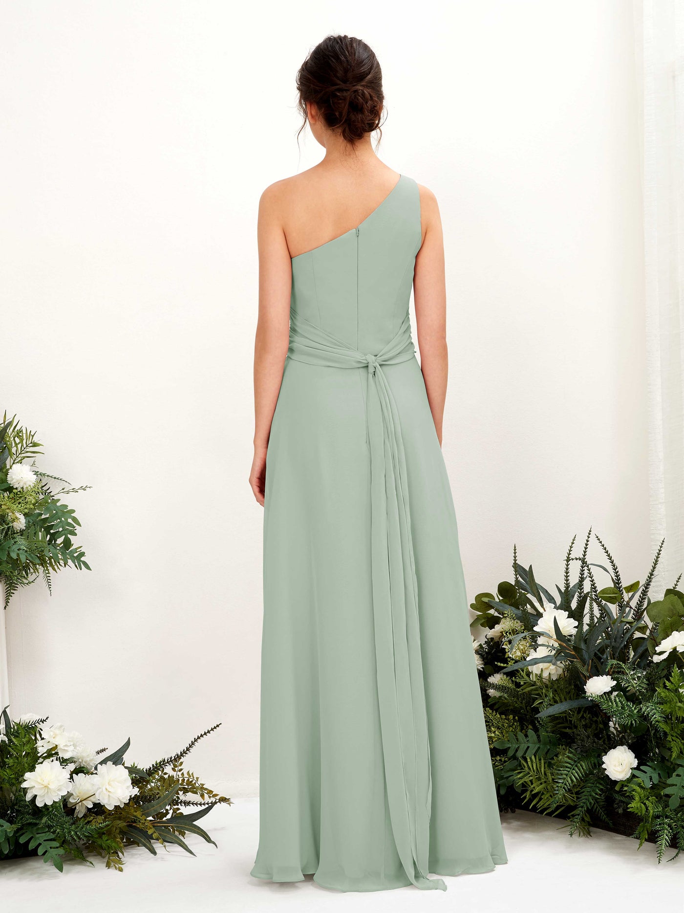 Carlyna Tubo Hasta el suelo Un Hombre con Hendidura de pierna Gasa Vestidos de dama de honor Verde Salvia #color_verde-salvia