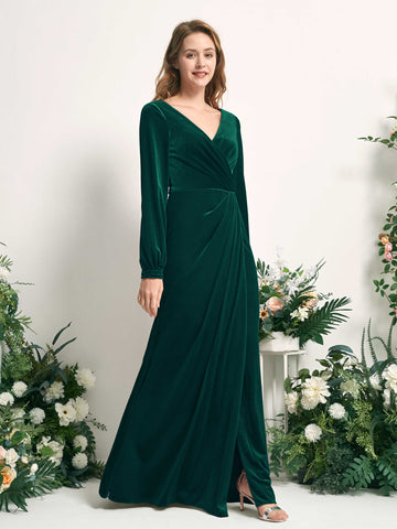 Carlyna Tubo Silueta Manga Larga Escote en V hasta el suelo vestido de dama de honor Verde Militer #color_verde-militer