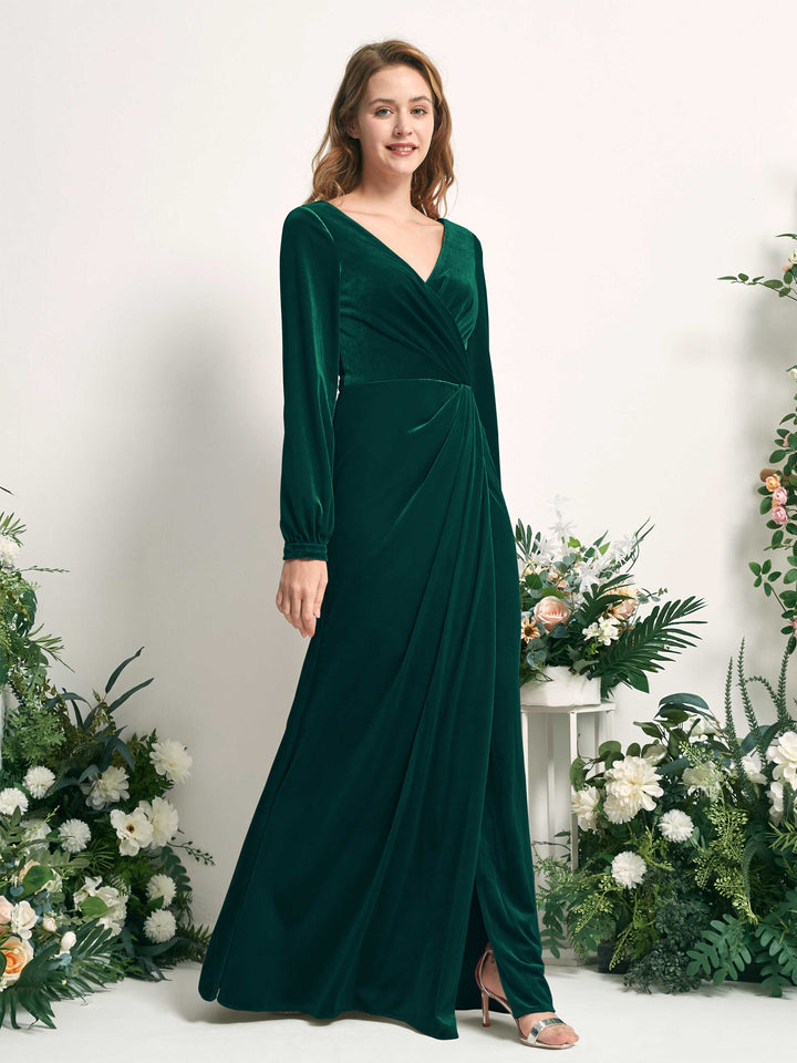 Carlyna Tubo Silueta Manga Larga Escote en V hasta el suelo vestido de dama de honor Verde Militer 