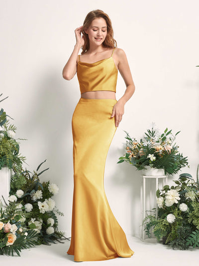 Carlyna Tubo Sirena Escote drapeado Hasta el suelo Vestidos de dama de honor Amarillo Canario #color_amarillo-canario