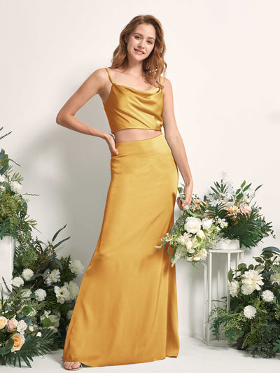 Carlyna Tubo Sirena Escote drapeado Hasta el suelo Vestidos de dama de honor Amarillo Canario #color_amarillo-canario