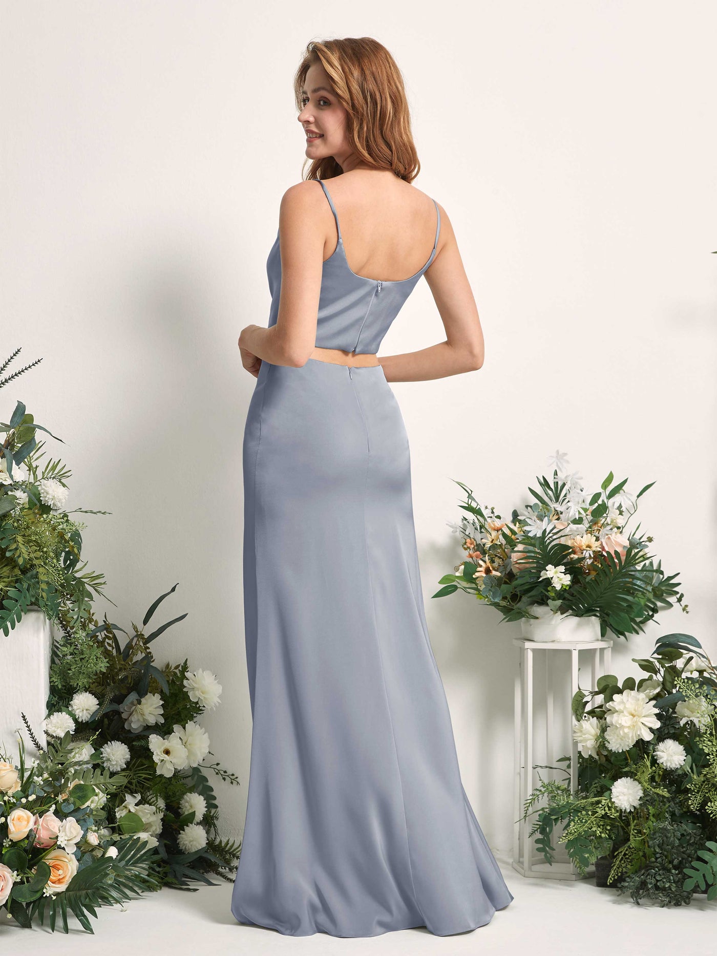 Carlyna Tubo Sirena Escote drapeado Hasta el suelo Vestidos de dama de honor Azul Polvoriento #color_azul-polvoriento