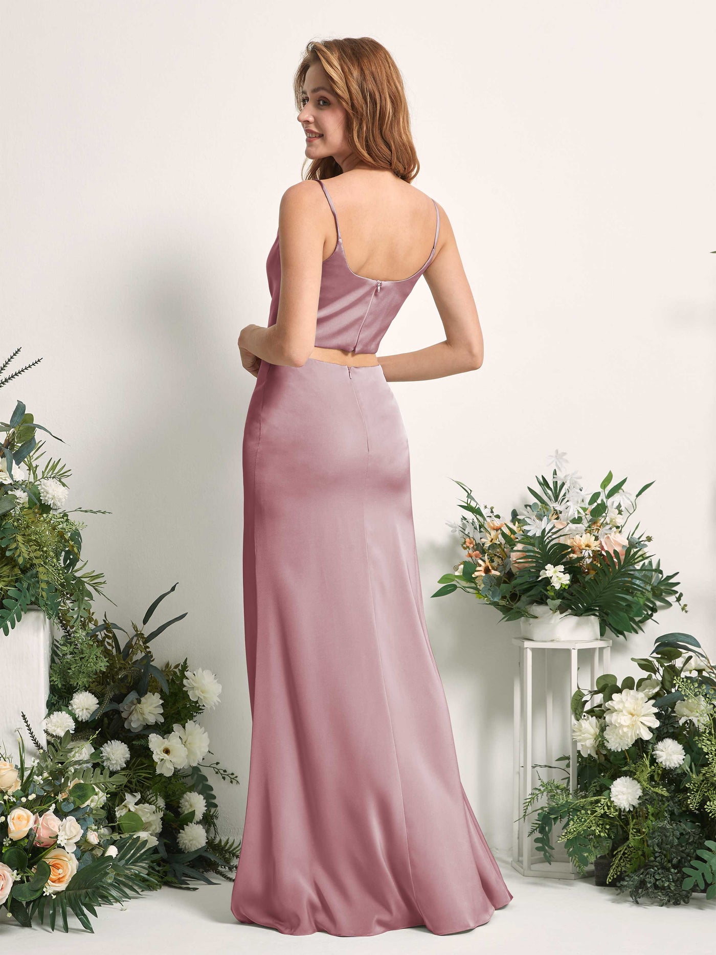 Carlyna Tubo Sirena Escote drapeado Hasta el suelo Vestidos de dama de honor Cuarzo Rosa #color_cuarzo-rosa
