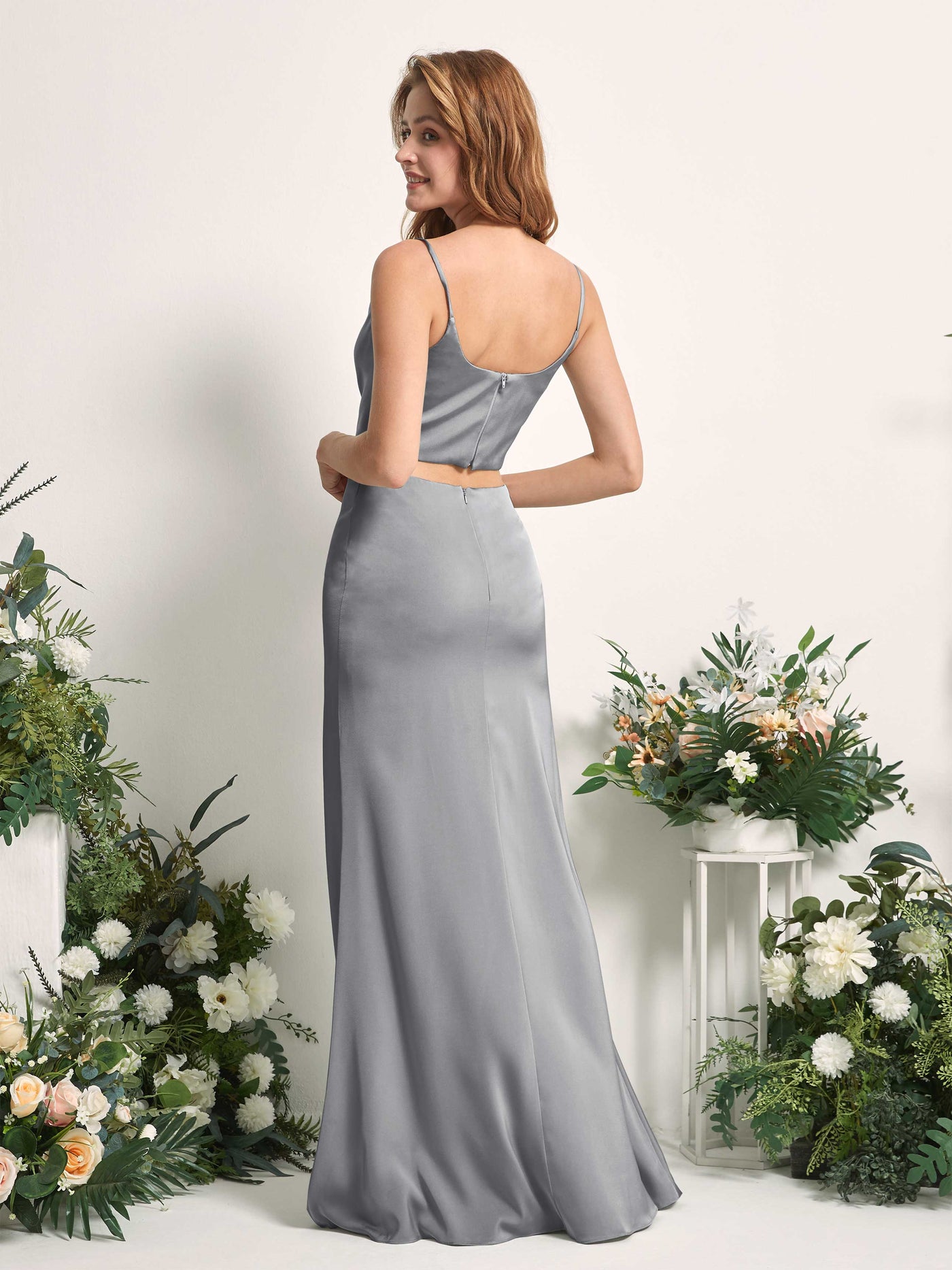 Carlyna Tubo Sirena Escote drapeado Hasta el suelo Vestidos de dama de honor Gris Acero #color_gris-acero