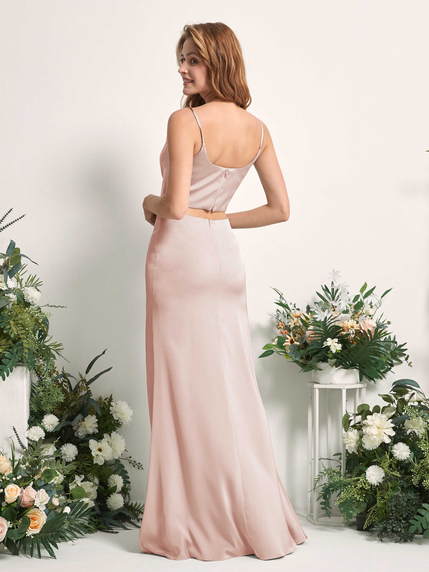 Carlyna Tubo Sirena Escote drapeado Hasta el suelo Vestidos de dama de honor Rosa Perla #color_rosa-perla