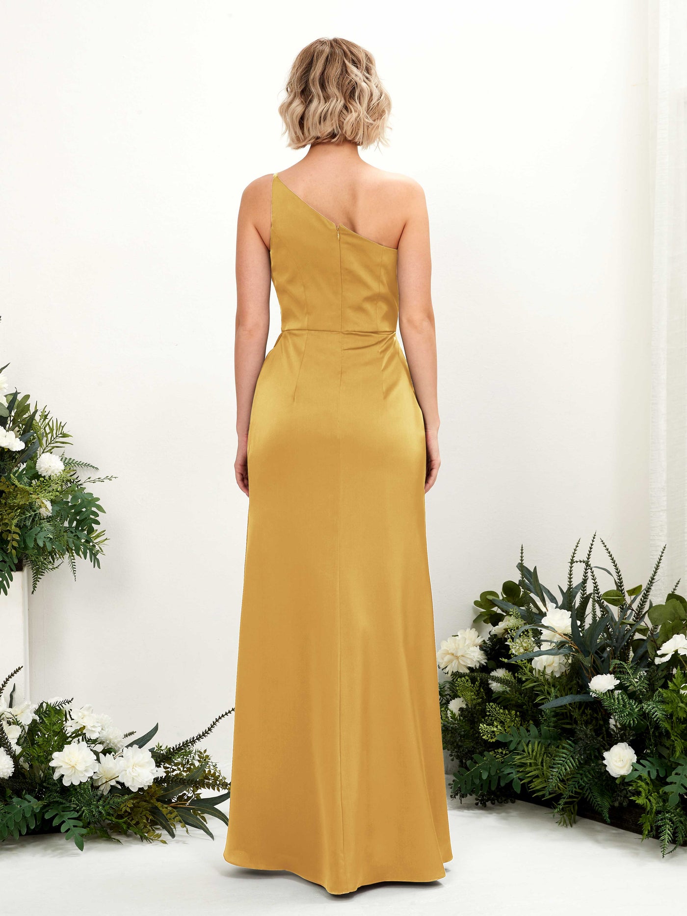 Carlyna Tubo Un Hombre Hasta el suelo Fruncido Vestidos de dama de honor Amarillo Canario #color_amarillo-canario