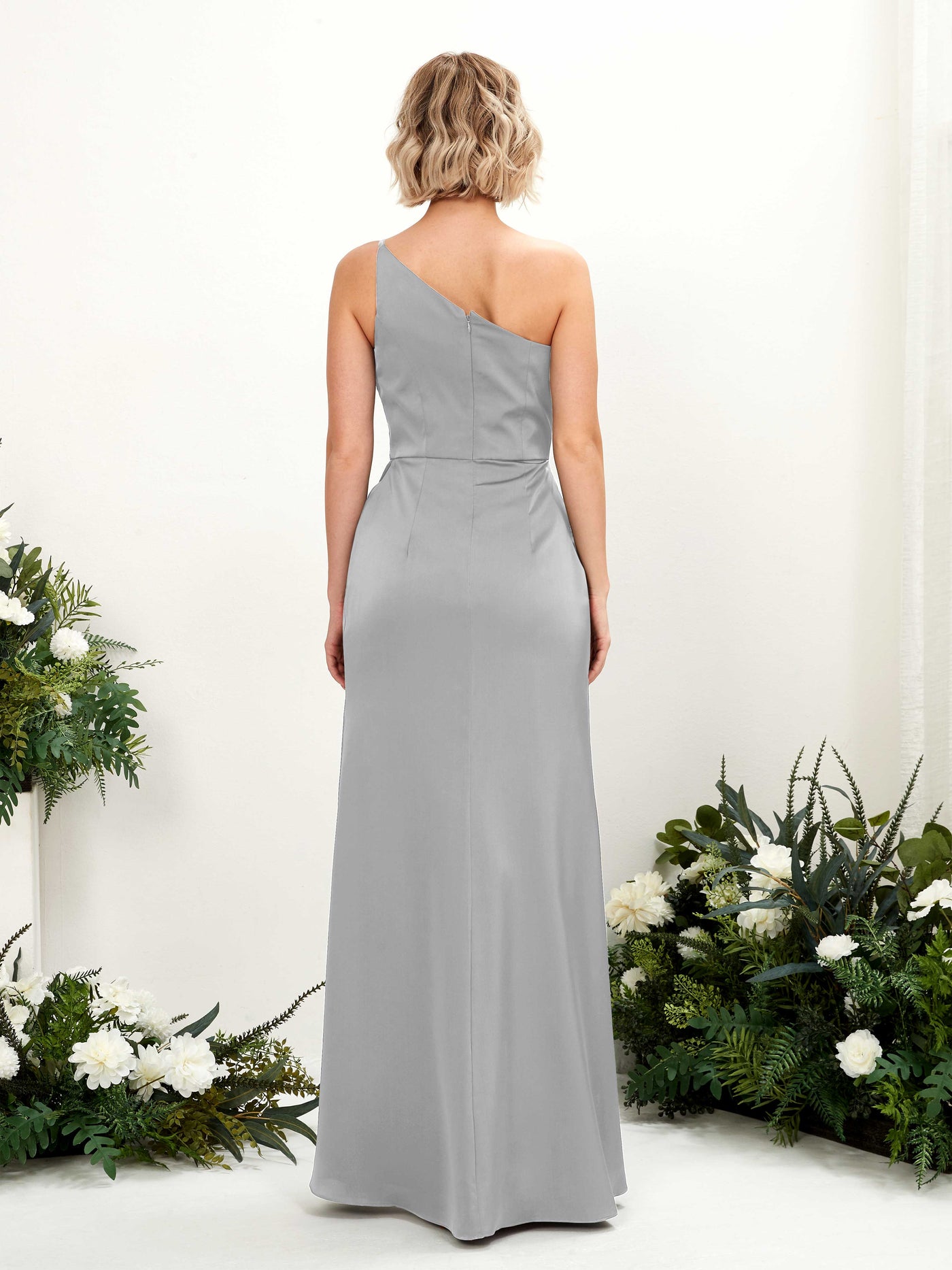 Carlyna Tubo Un Hombre Hasta el suelo Fruncido Vestidos de dama de honor Gris Paloma #color_gris-paloma