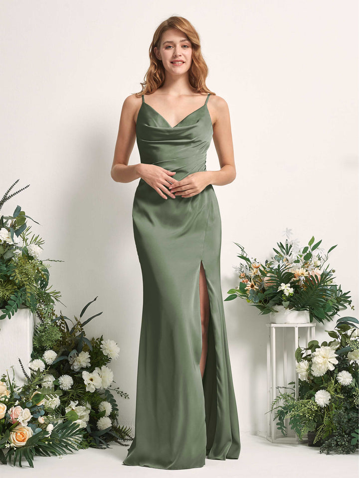 Carlyna Vestido corte trompeta/sirena Escote en V Hasta el suelo Satén para damas de honor Verde Oliva 