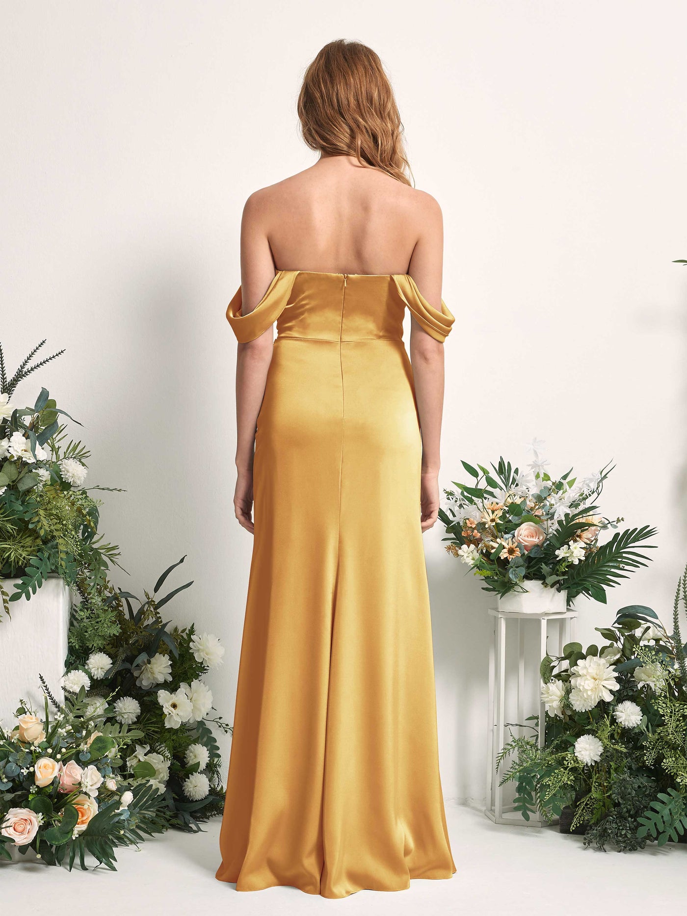 Carlyna Vestido dama de honor corte trompeta hombros caídos fruncido hasta el suelo Amarillo Canario #color_amarillo-canario