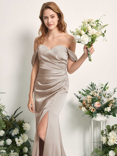 Carlyna Vestido dama de honor corte trompeta hombros caídos fruncido hasta el suelo Taupe #color_taupe
