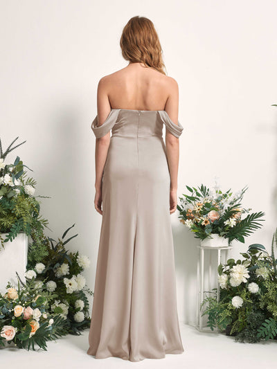 Carlyna Vestido dama de honor corte trompeta hombros caídos fruncido hasta el suelo Taupe #color_taupe