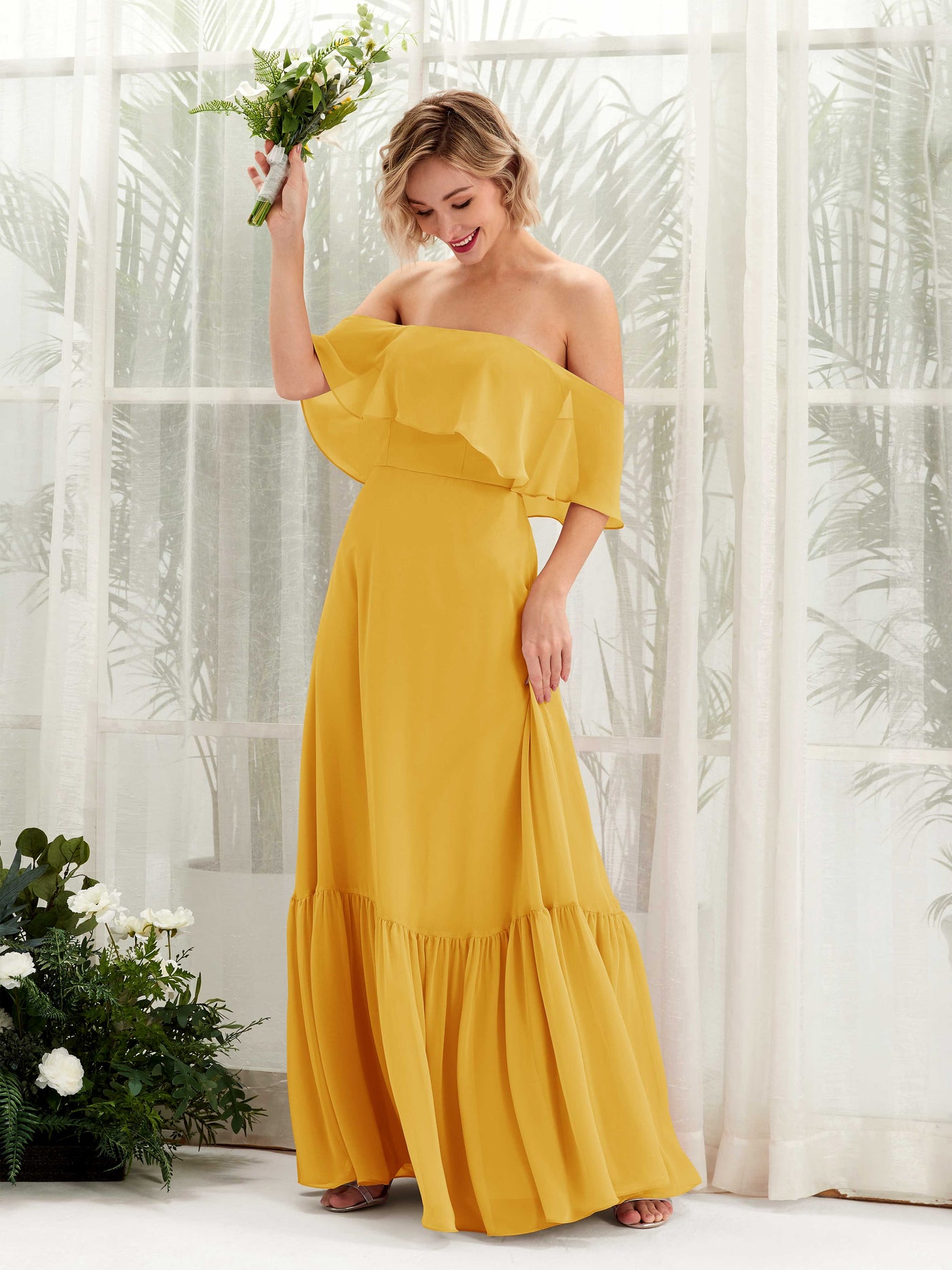 Carlyna Vestido dama de honor Línea A Hombros caídos Hasta el suelo Gasa Amarillo Mostaza #color_amarillo-mostaza