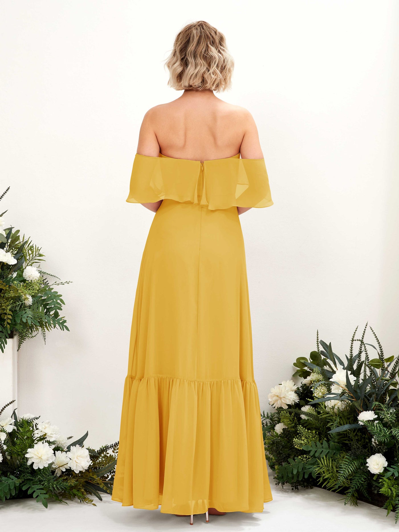Carlyna Vestido dama de honor Línea A Hombros caídos Hasta el suelo Gasa Amarillo Mostaza #color_amarillo-mostaza