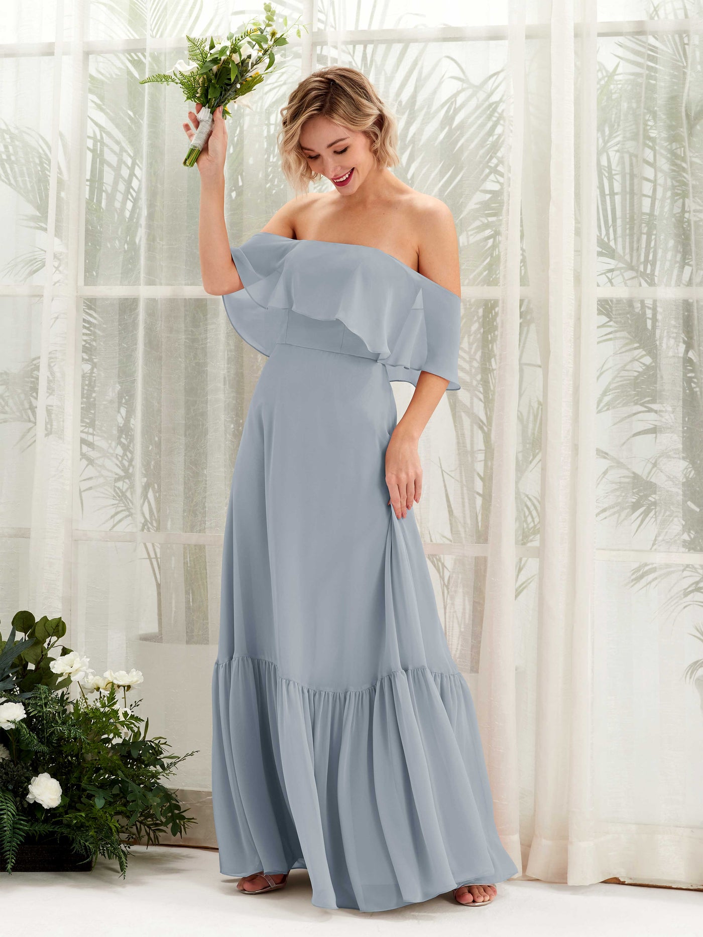 Carlyna Vestido dama de honor Línea A Hombros caídos Hasta el suelo Gasa Azul Empolvado Mejorado #color_azul-empolvado-mejorado