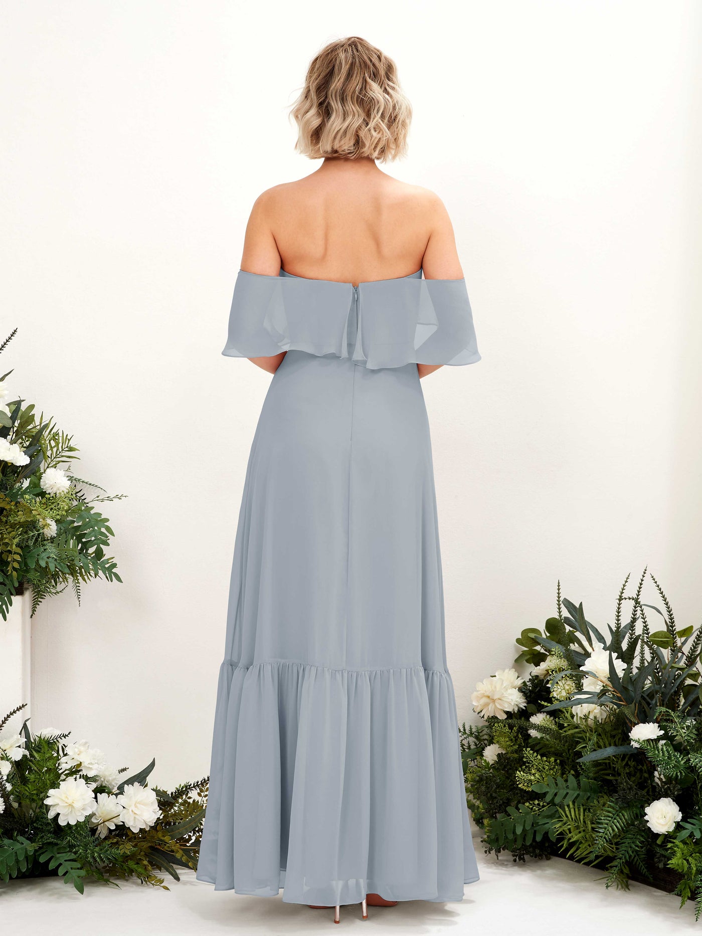 Carlyna Vestido dama de honor Línea A Hombros caídos Hasta el suelo Gasa Azul Empolvado Mejorado #color_azul-empolvado-mejorado