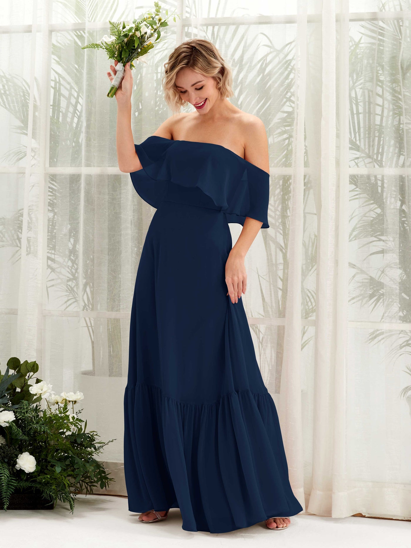 Carlyna Vestido dama de honor Línea A Hombros caídos Hasta el suelo Gasa Azul Marino #color_azul-marino