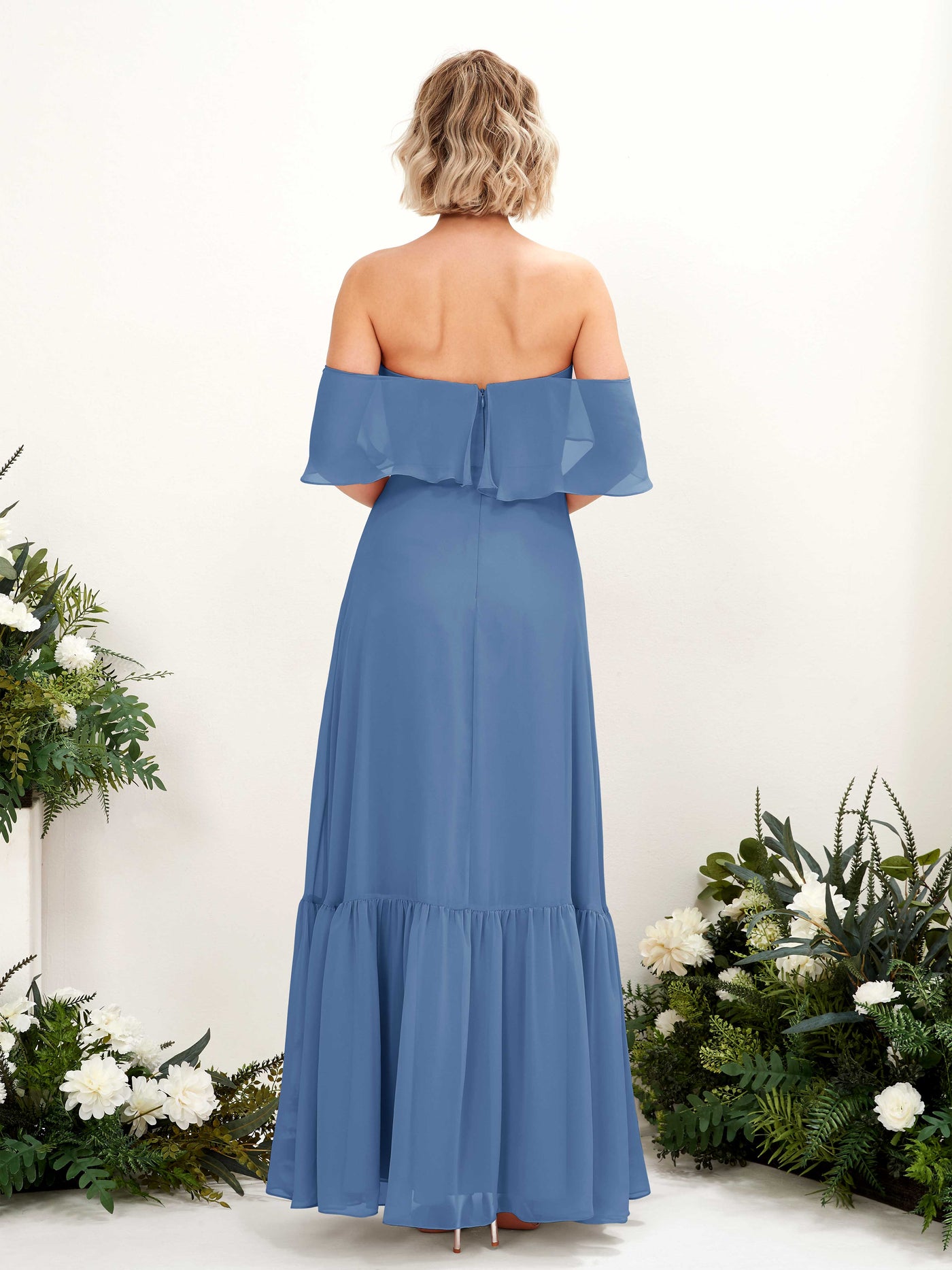 Carlyna Vestido dama de honor Línea A Hombros caídos Hasta el suelo Gasa Azul polvoriento #color_azul-polvoriento