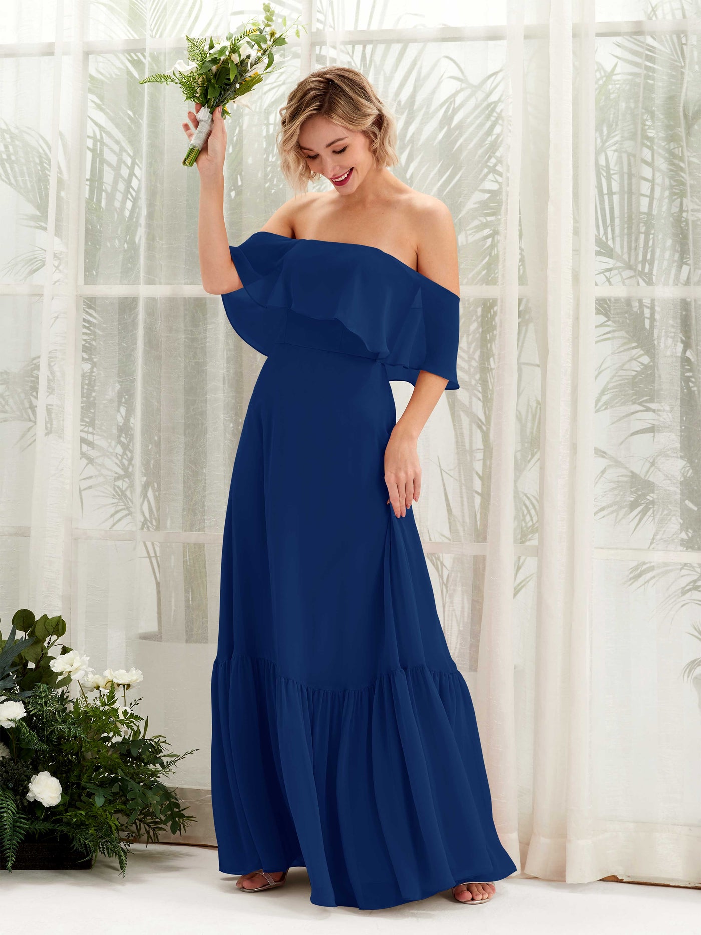 Carlyna Vestido dama de honor Línea A Hombros caídos Hasta el suelo Gasa Azul Real #color_azul-real