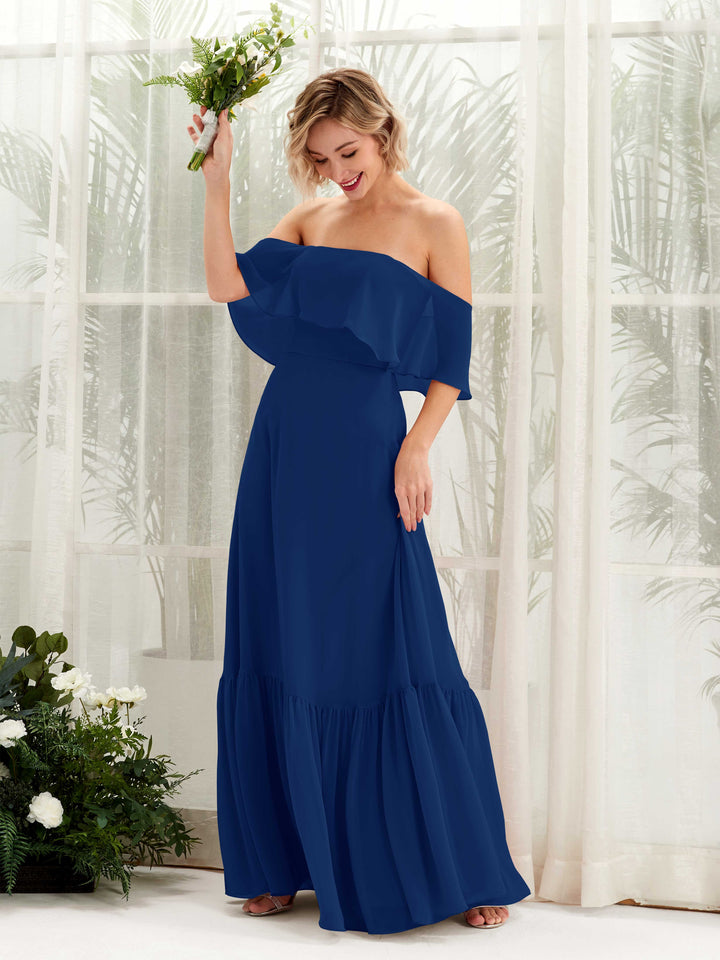 Carlyna Vestido dama de honor Línea A Hombros caídos Hasta el suelo Gasa Azul Real 