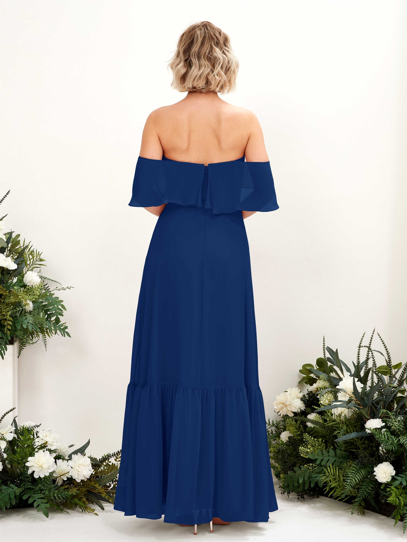 Carlyna Vestido dama de honor Línea A Hombros caídos Hasta el suelo Gasa Azul Real #color_azul-real