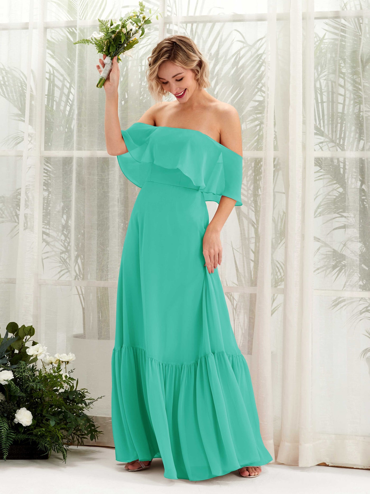 Carlyna Vestido dama de honor Línea A Hombros caídos Hasta el suelo Gasa Azul Tiffany #color_azul-tiffany