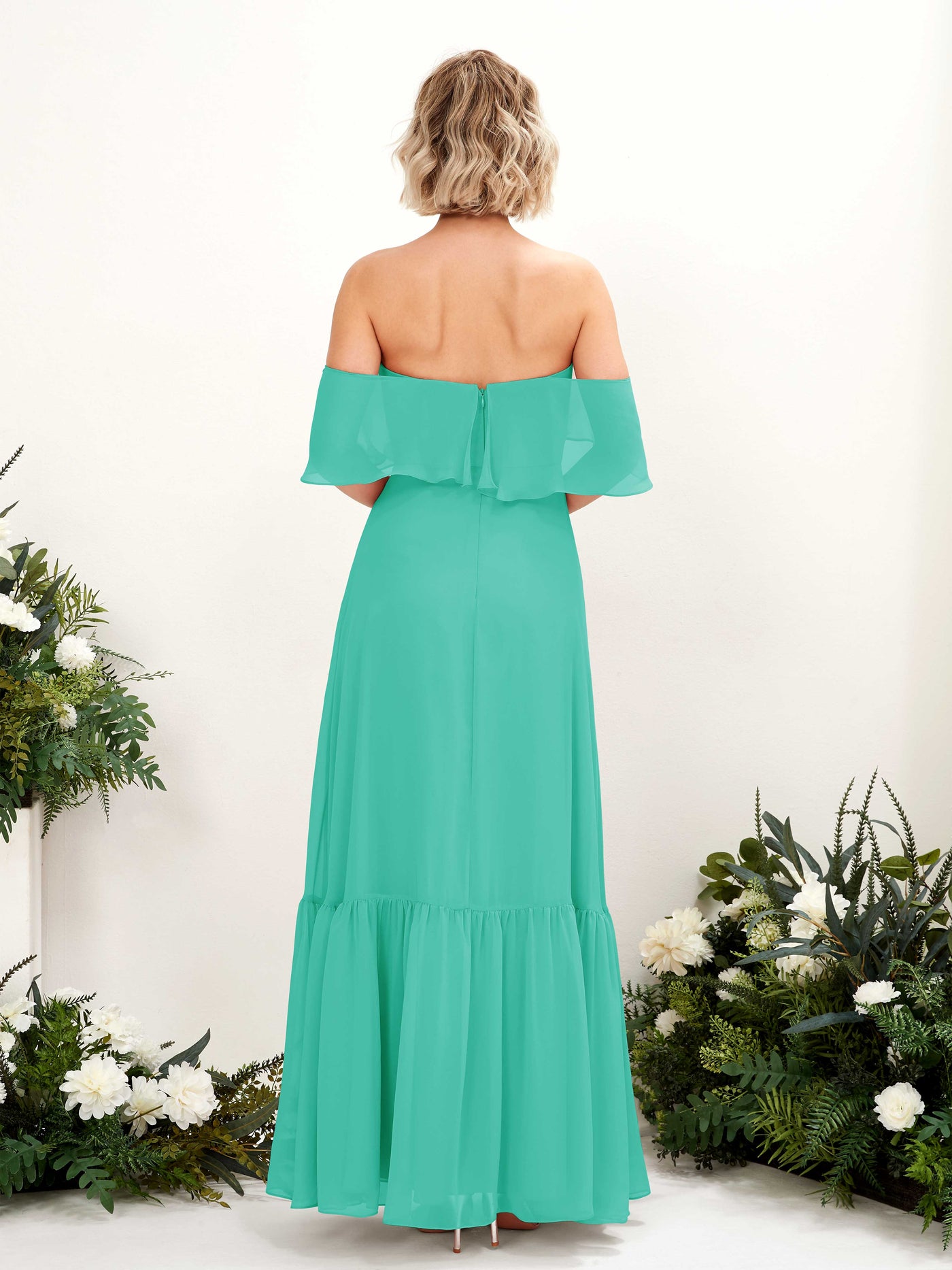 Carlyna Vestido dama de honor Línea A Hombros caídos Hasta el suelo Gasa Azul Tiffany #color_azul-tiffany