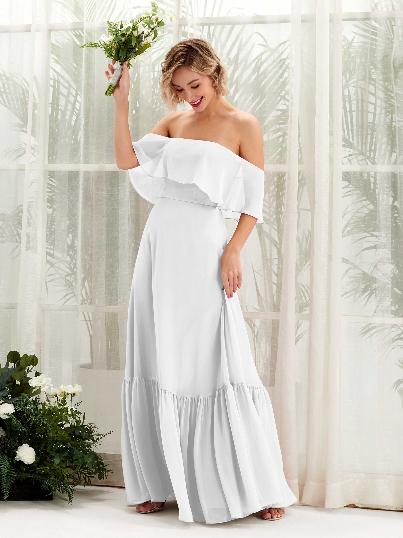 Carlyna Vestido dama de honor Línea A Hombros caídos Hasta el suelo Gasa Blanco #color_blanco