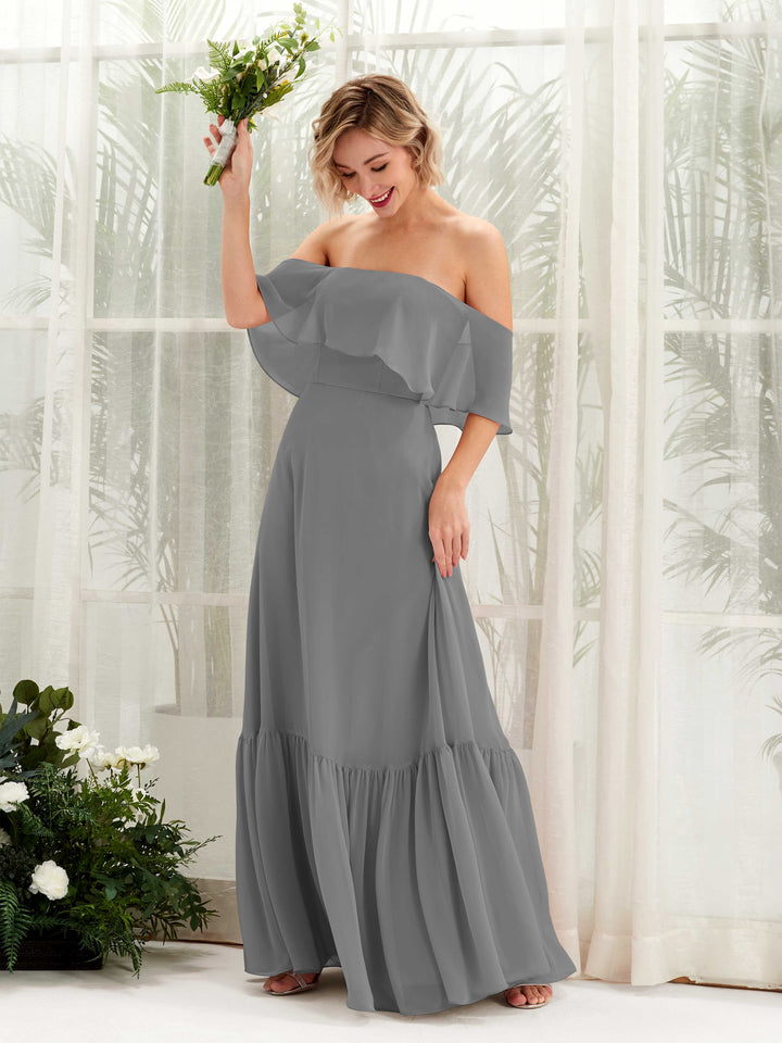 Carlyna Vestido dama de honor Línea A Hombros caídos Hasta el suelo Gasa Gris Acero 