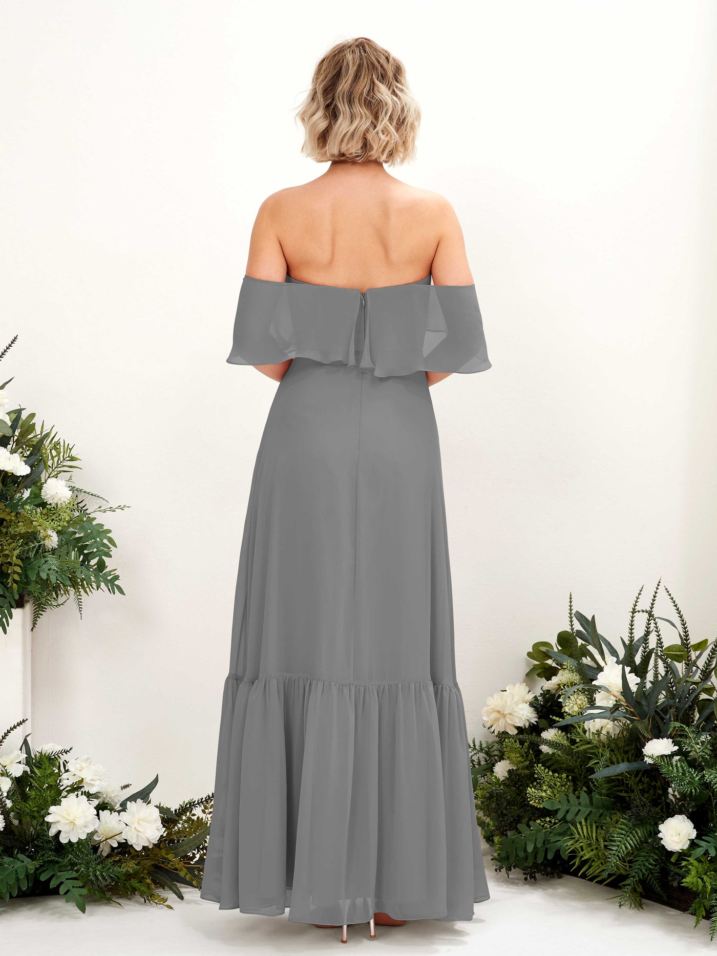 Carlyna Vestido dama de honor Línea A Hombros caídos Hasta el suelo Gasa Gris Acero #color_gris-acero