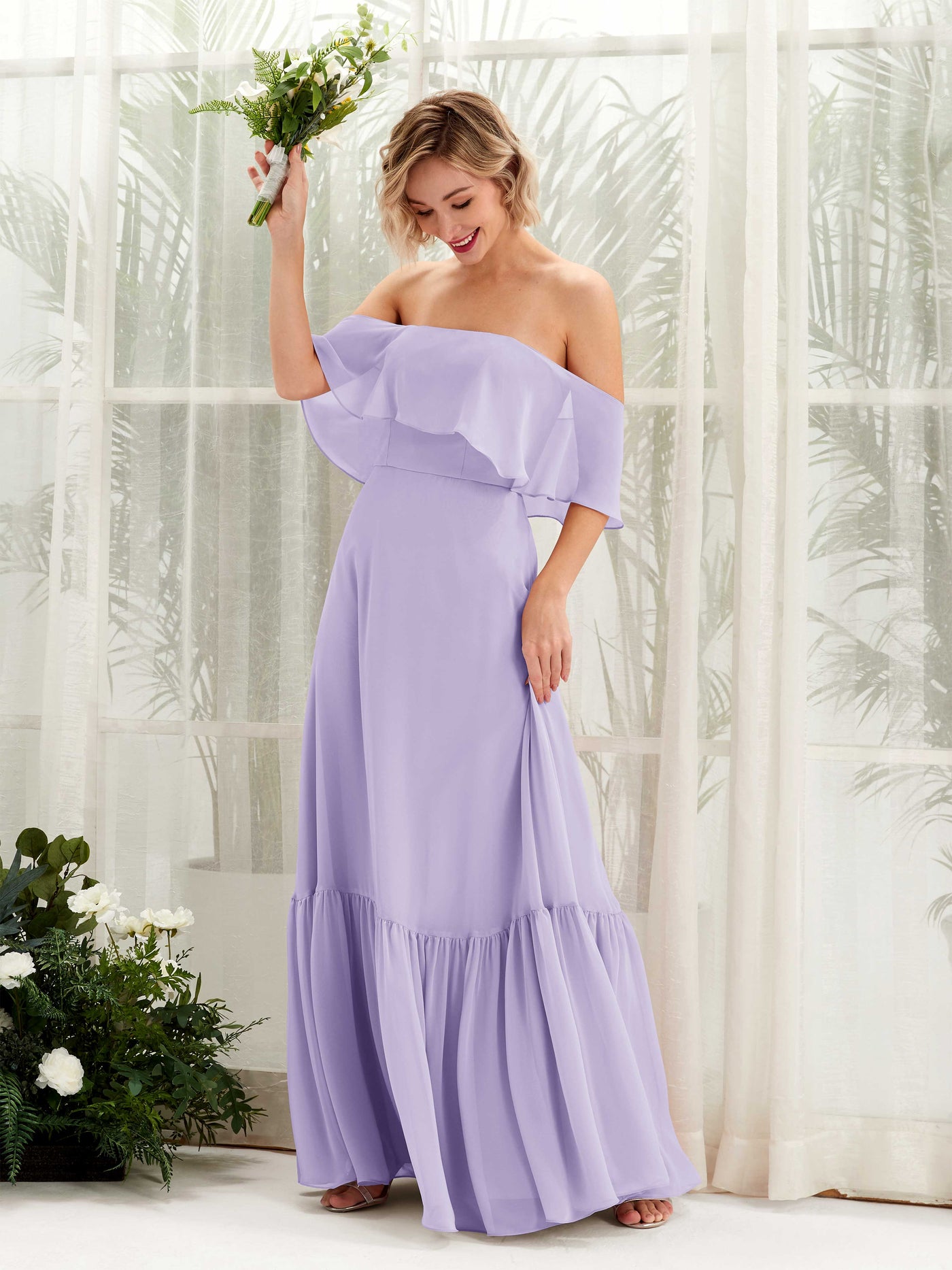 Carlyna Vestido dama de honor Línea A Hombros caídos Hasta el suelo Gasa Lila #color_lila