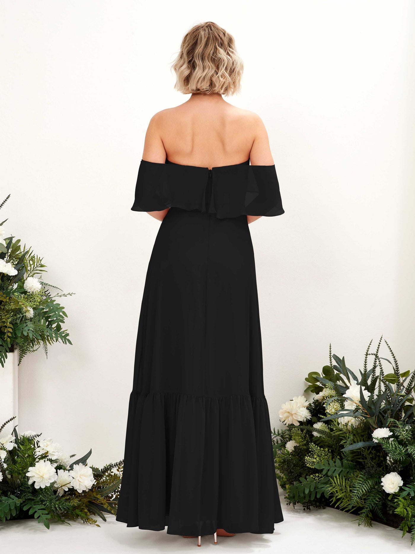 Carlyna Vestido dama de honor Línea A Hombros caídos Hasta el suelo Gasa Negro #color_negro