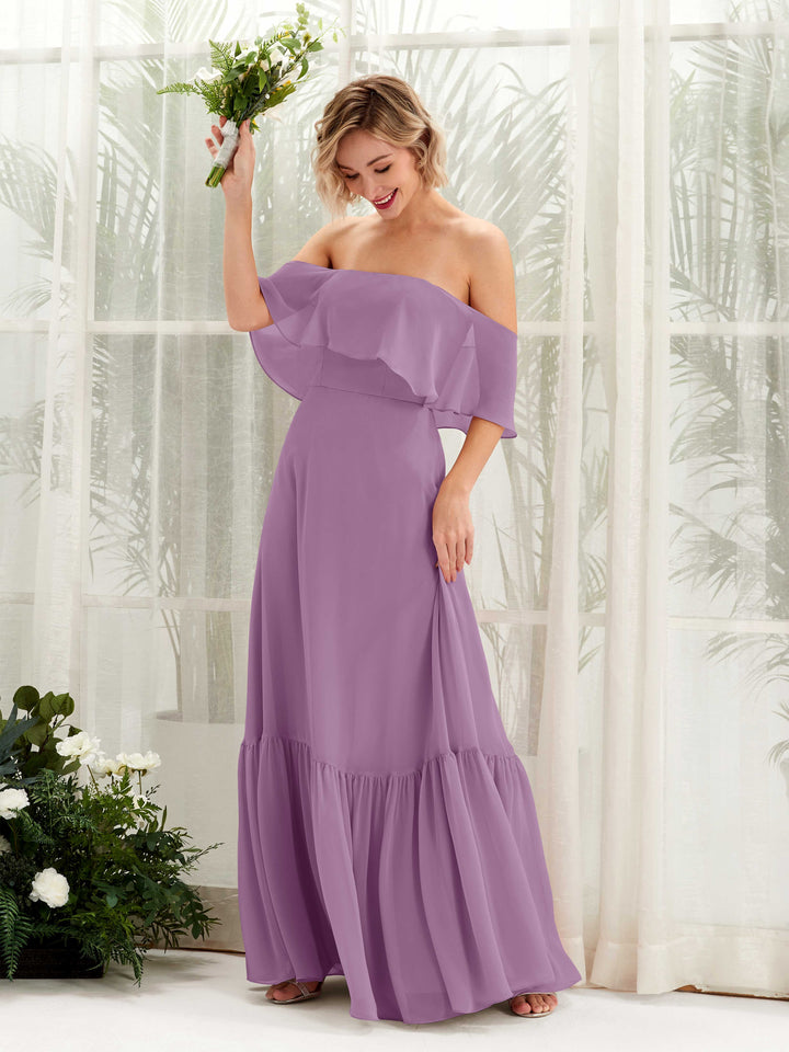 Carlyna Vestido dama de honor Línea A Hombros caídos Hasta el suelo Gasa Niebla Orquídea 