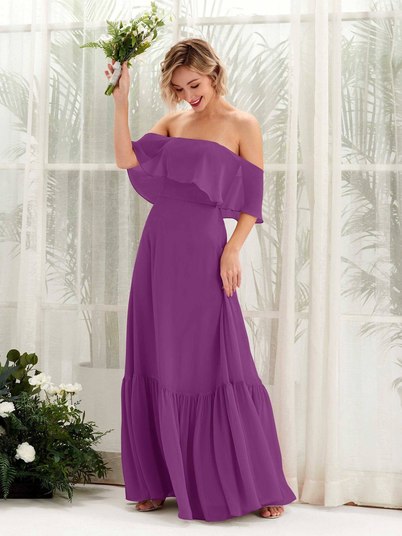 Carlyna Vestido dama de honor Línea A Hombros caídos Hasta el suelo Gasa Púrpura #color_p-rpura